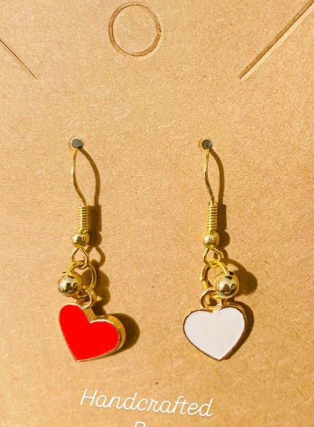 Handmade Red and White Heart Drop Earrings