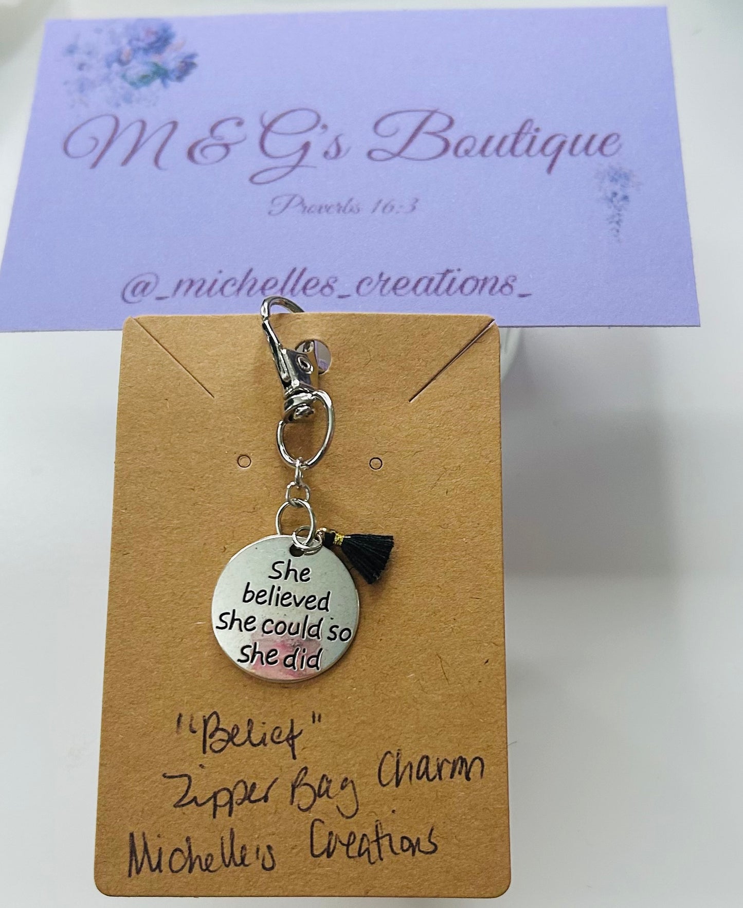 Handmade “Belief” Zipper Bag Charm Keychain Silvertone