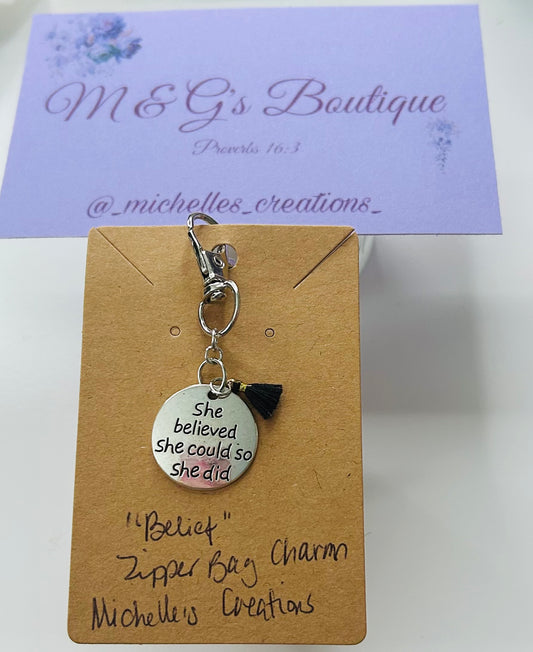 Handmade “Belief” Zipper Bag Charm Keychain Silvertone