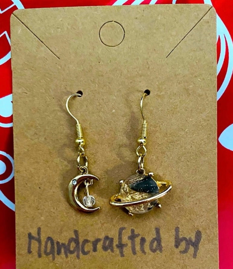 Handcrafted Space Fashion Drop Earrings Moon and Planet