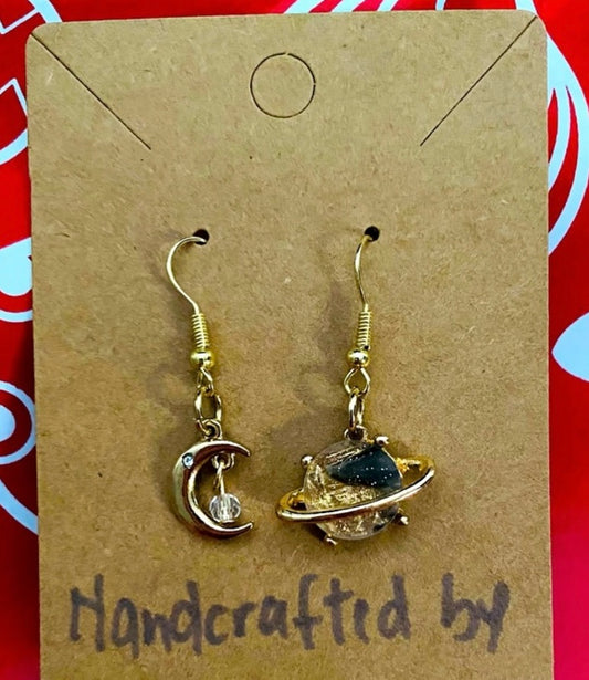Handcrafted Space Fashion Drop Earrings Moon and Planet