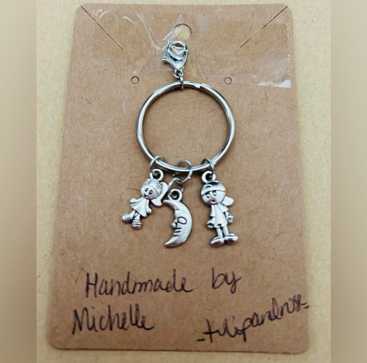 Handcrafted Bag/Zipper Charms “To The Moon And Back” Girl, Moon, Boy silver tone