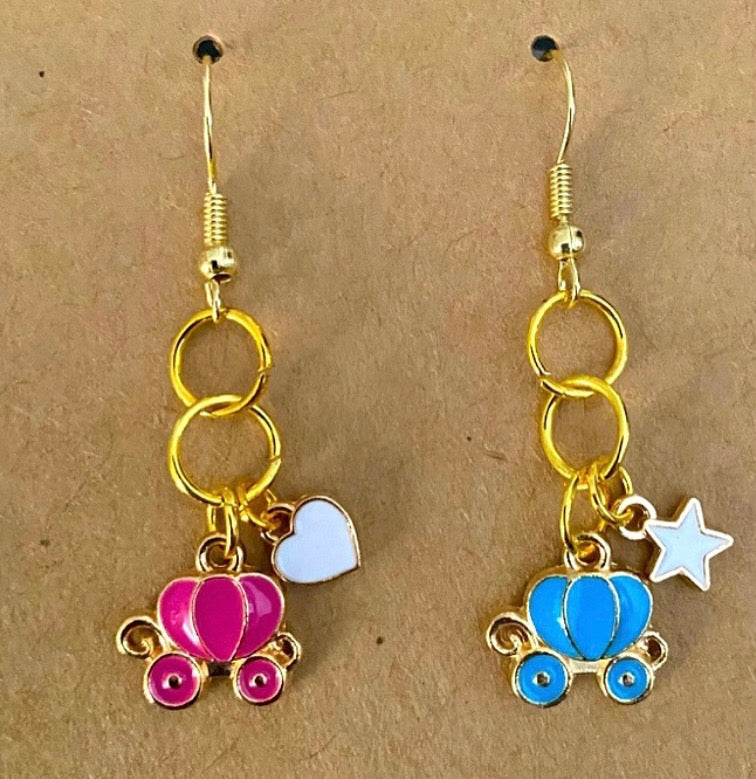 Handcrafted Blue & Pink Pumpkin Carriage Mix Match Earrings “Can’t Wait To Meet Our Pumpkin”