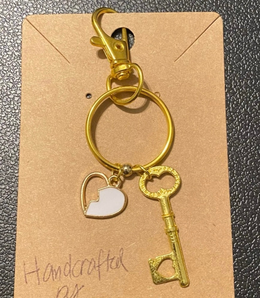 Handmade Cute “Key To My Heart” key and half heart keychain. Gold-tone.