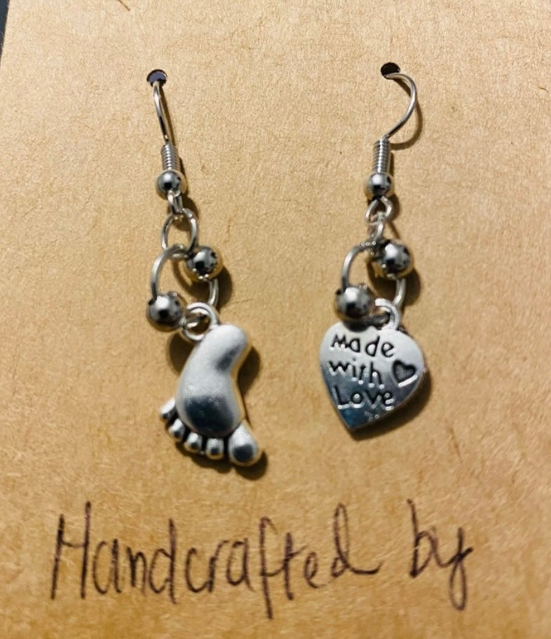 Handmade Mix Match “Oh Baby!” Baby’s foot and Made with love heart Silver tone Earrings