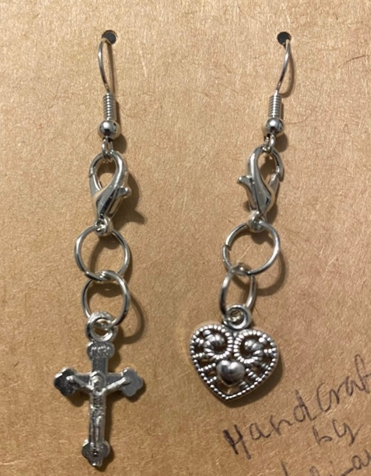 Handmade Mix Match Jesus Crucified and Sacred Heart Charm Silver tone Earrings