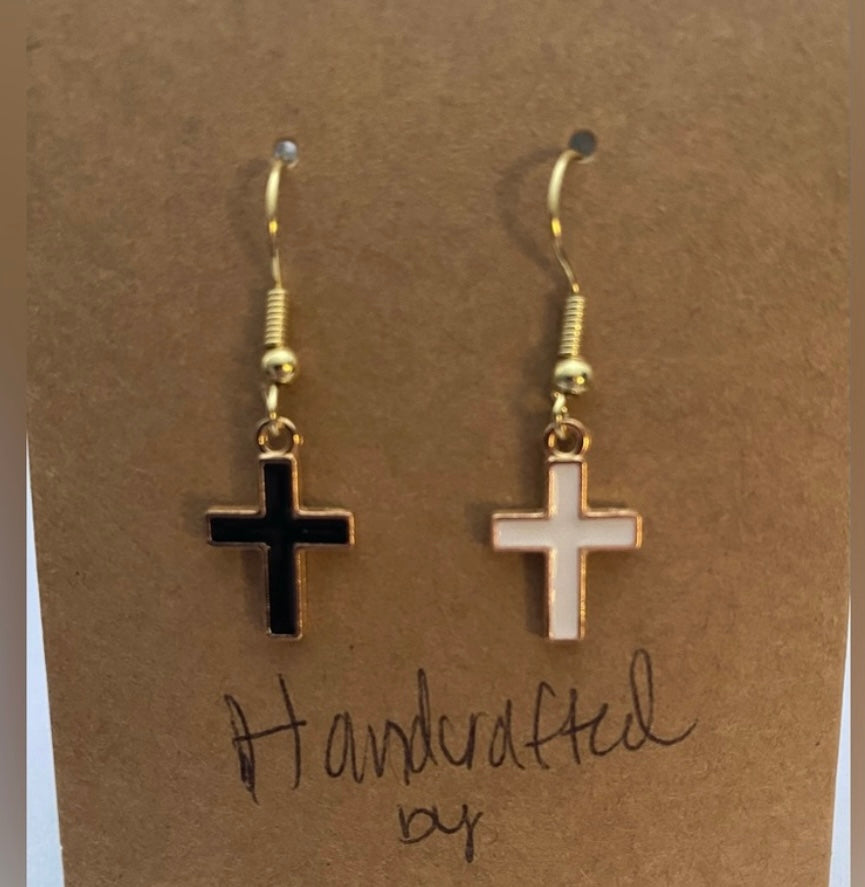 Handcrafted Black and White Cross Mix Match Earrings Drop - Black and White