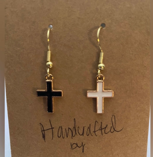 Handcrafted Black and White Cross Mix Match Earrings Drop - Black and White