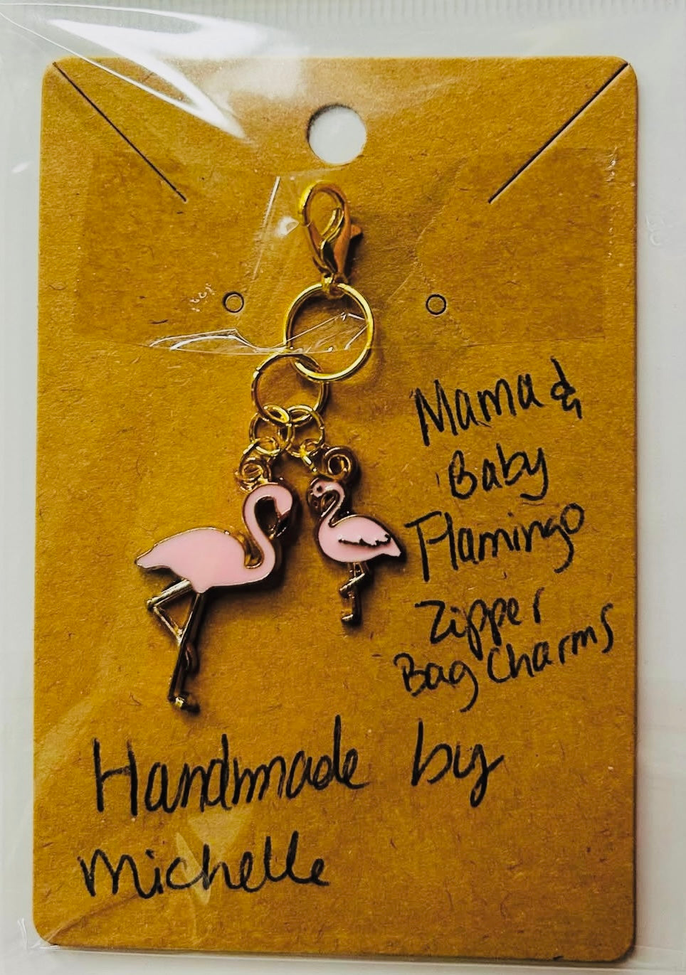 Handcrafted Mama & Baby Flamingo zipper bag charm keychain. Pink and Gold tone.