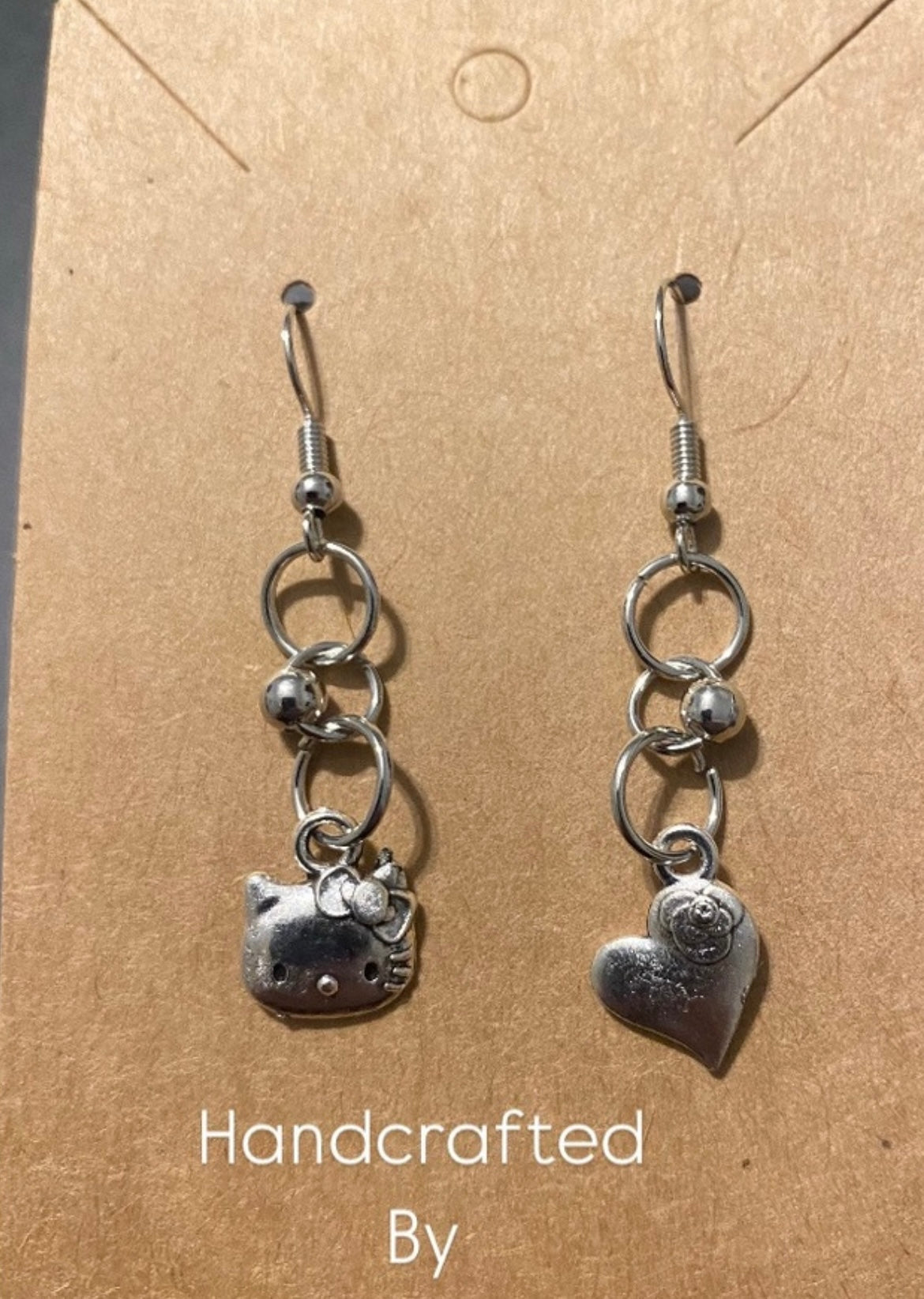 Handmade Mix Match Hello Kitty and Heart Silver tone Earrings