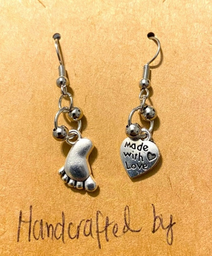 Handmade Mix Match “Oh Baby!” Baby’s foot and Made with love heart Silver tone Earrings