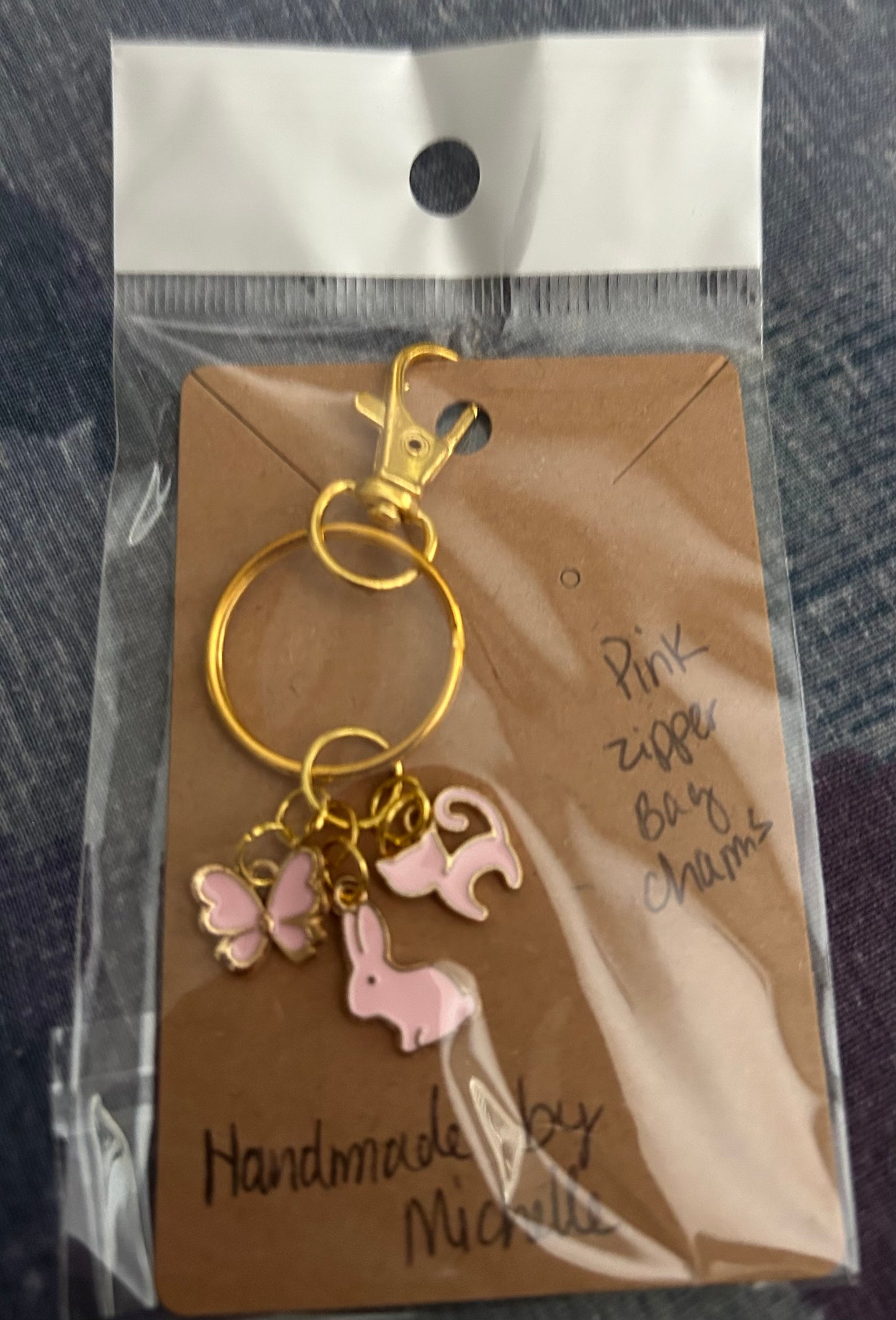 Handcrafted Collection of Charms keychain. Pink and Gold tone.